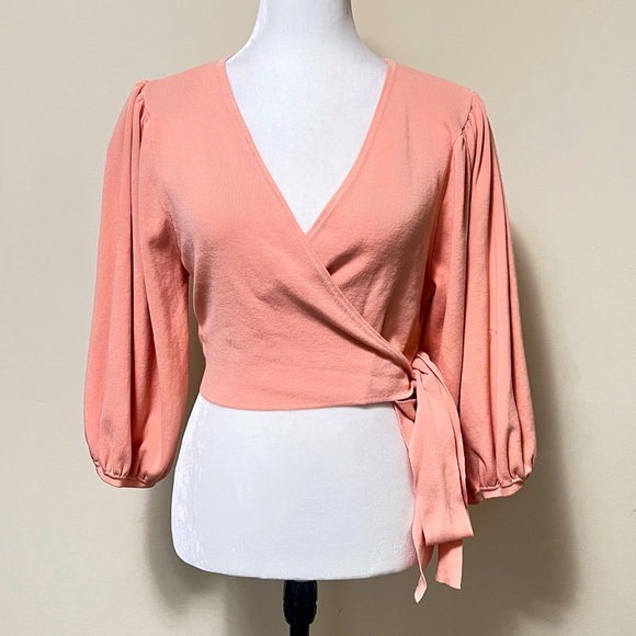 MISSGUIDED new Pink True Wrap Around Straps Crop Balloon Sleeves Knit Top 10/12 - Picture 7 of 16